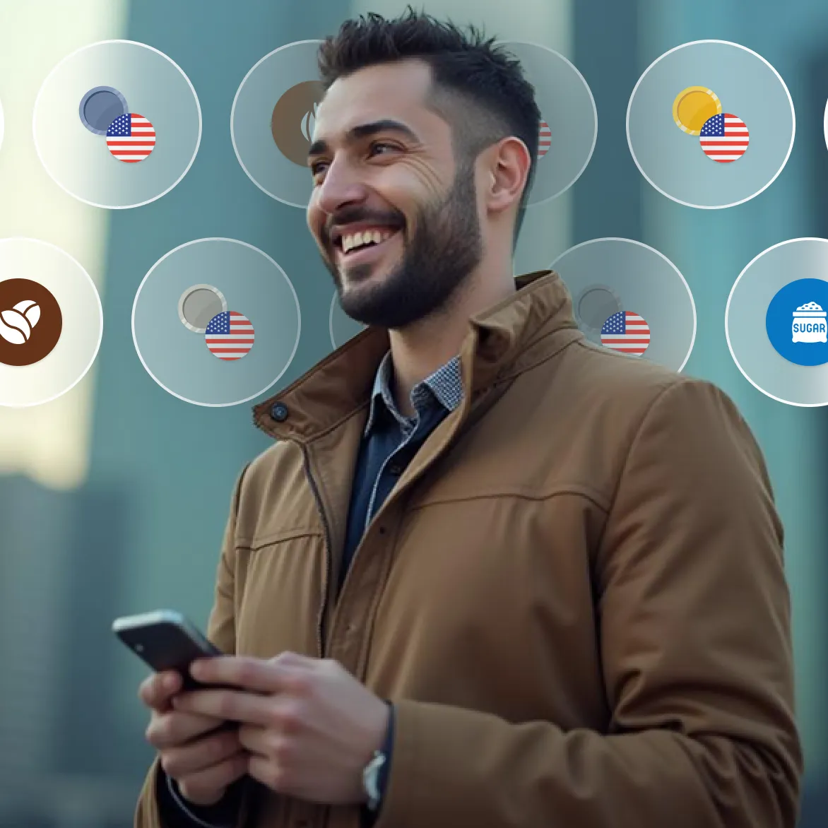 A man holding smartphone laughing with background icons of US gold silver Commodities representing trading