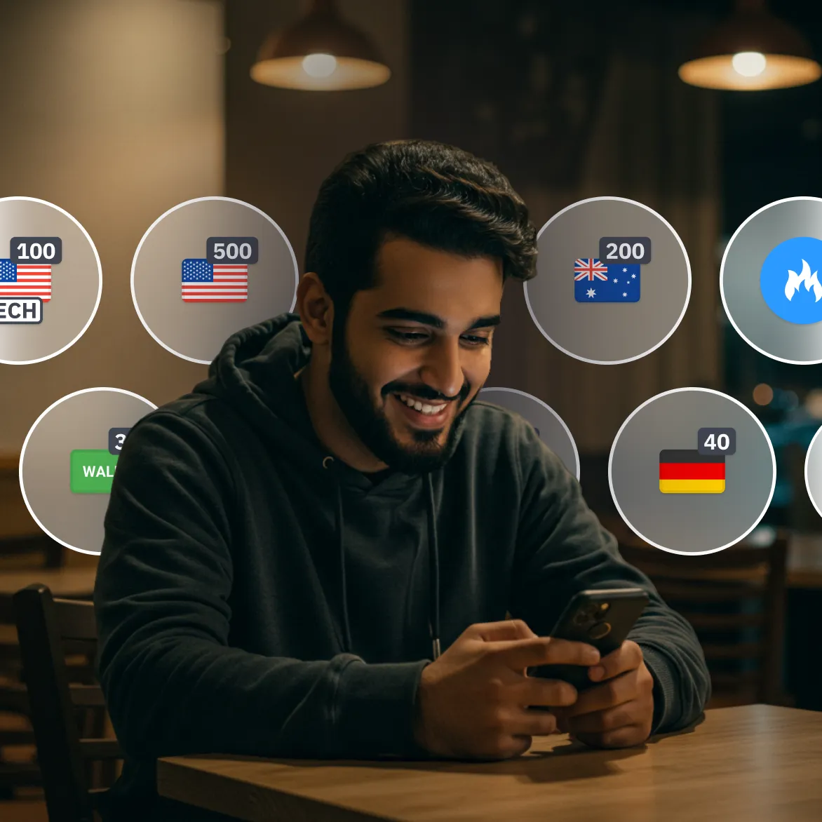 An individual using smartphone to trade on on deriv platform for different stock market index