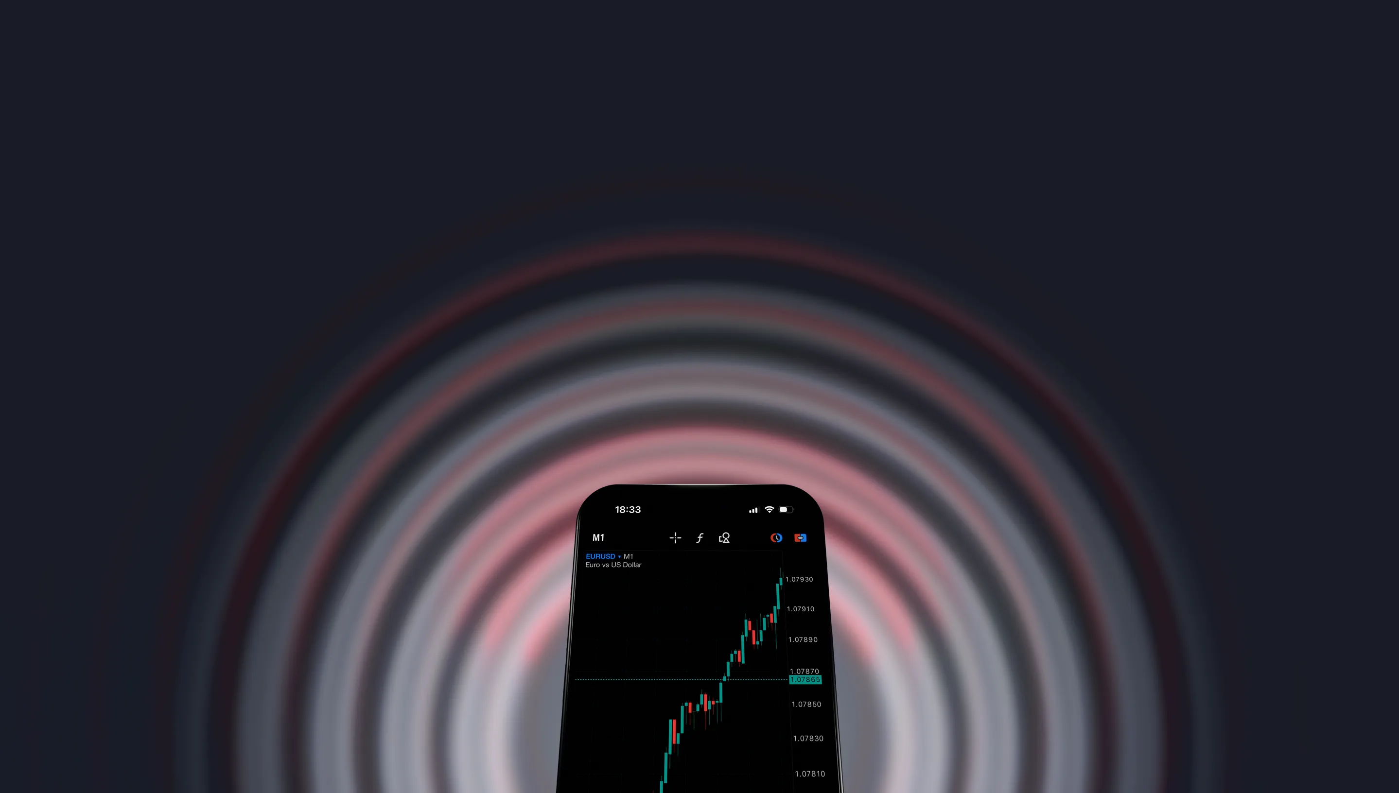 تداول عقود الفروقات (CFD) على زوج EUR/USD عبر منصة Deriv MT5 المعروضة على الهاتف الذكي، حيث يظهر الرسم البياني الشمعداني حركة صعودية في أسعار السوق.