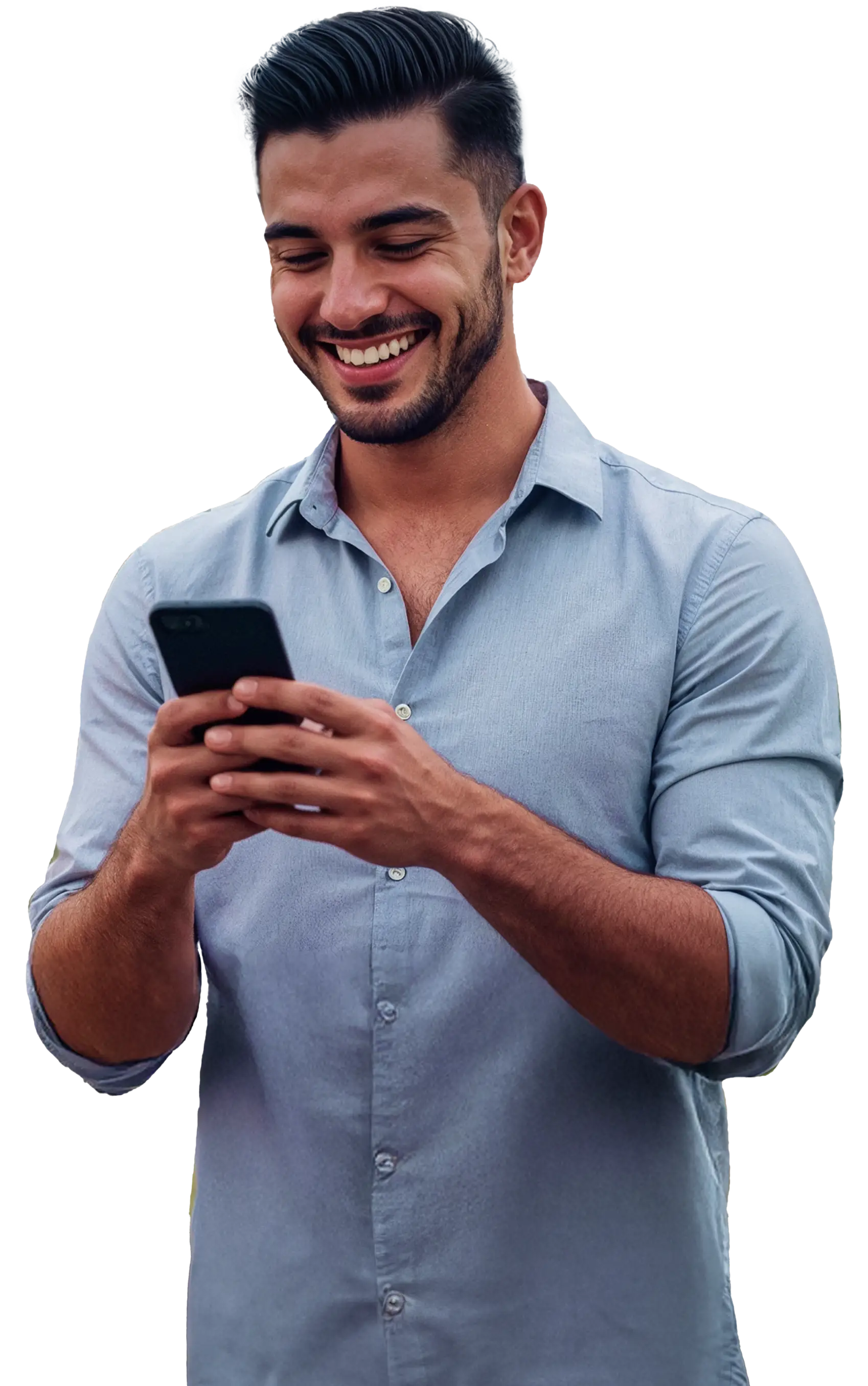 a man smiling and using his phone to trade