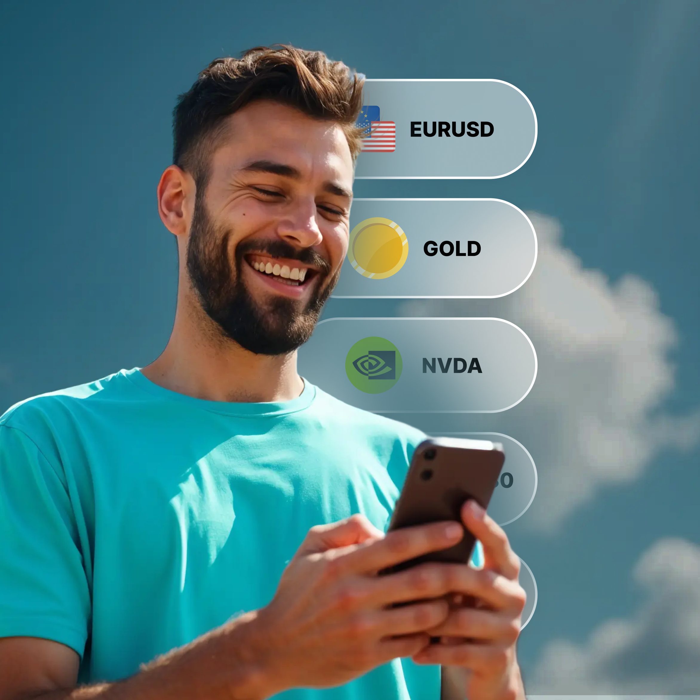 A man smiling while using his phone, with EUR/USD, Gold, and NVDA icons, representing the all-in-one asset trading platform Deriv MT5